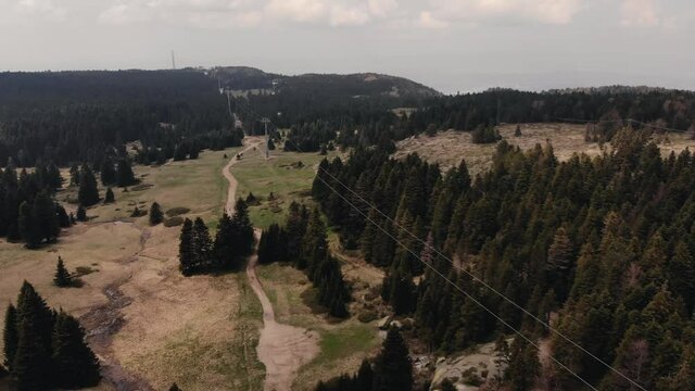 Mountain landscape with green trees. Uludag, Turkey. Drone footage 4K