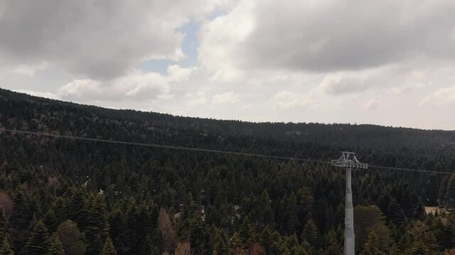 Aerial view of caniferous forest in Uludag mountains. Panoramic view of natural landscape 4K
