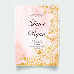 Wedding invitation card, save the date with watercolor background, golden flowers, leaves and branches.
