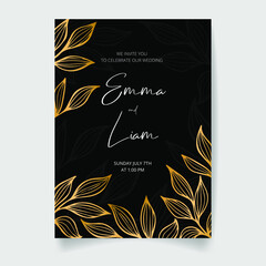 Wedding invitation card, save the date with golden flowers, leaves and branches.
