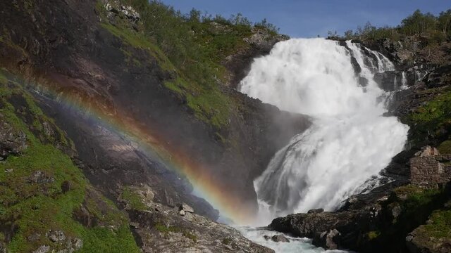 Rainbow and waterfall Kjosfossen, Flom Flamsbana Norway