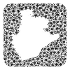 Pandemic virus map of Barcelona Province mosaic designed with rounded square and stencil. Vector map of Barcelona Province composition of infection virus ojects in variable sizes and grey color hues.