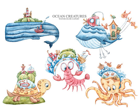 Watercolor hand painted cartoon sea characters. Cute lovely fantasy whale, turtle, crab, octopus, fish, submarine. Perfect for print, pattern, textile design, fabric, poster, travel blog