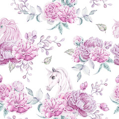 Watercolor hand painted unicorns, peonies, leaves clipart, floral illustration on white background. Seamless pattern. Perfect for textile design, fabric, wrapping paper, scrapbooking