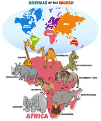 Naklejka premium educational illustration with African animals and continents