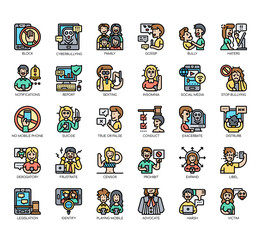 Set of cyberbulling thin line and pixel perfect icons for any web and app project.