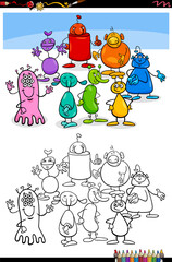 cartoon aliens or fantasy characters coloring book page