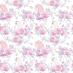 Watercolor hand painted unicorns, peonies, leaves clipart, floral illustration on white background. Seamless pattern. Perfect for textile design, fabric, wrapping paper, scrapbooking