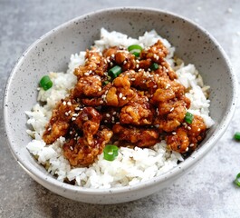 Homemade sesame Chicken served with Jasmine white rice, selective focus