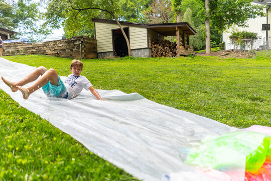 Slip And Slide, Backyard, Children, Fun, Summer, Outdoors, Wet, Water, Joy, Nature, Grass, Waterslide, 