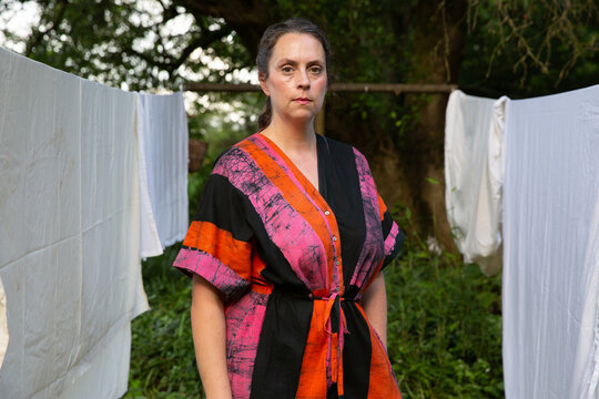 woman in colorful jumpsuit with clothesline  3