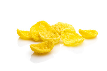 Isolated corn flakes on white. Snack Cereal yellow Healthy Cornflakes - Superfood background. Vegan gluten-free organic, healthy diet vegetarian superfood with antioxidant, mineral nutrients.