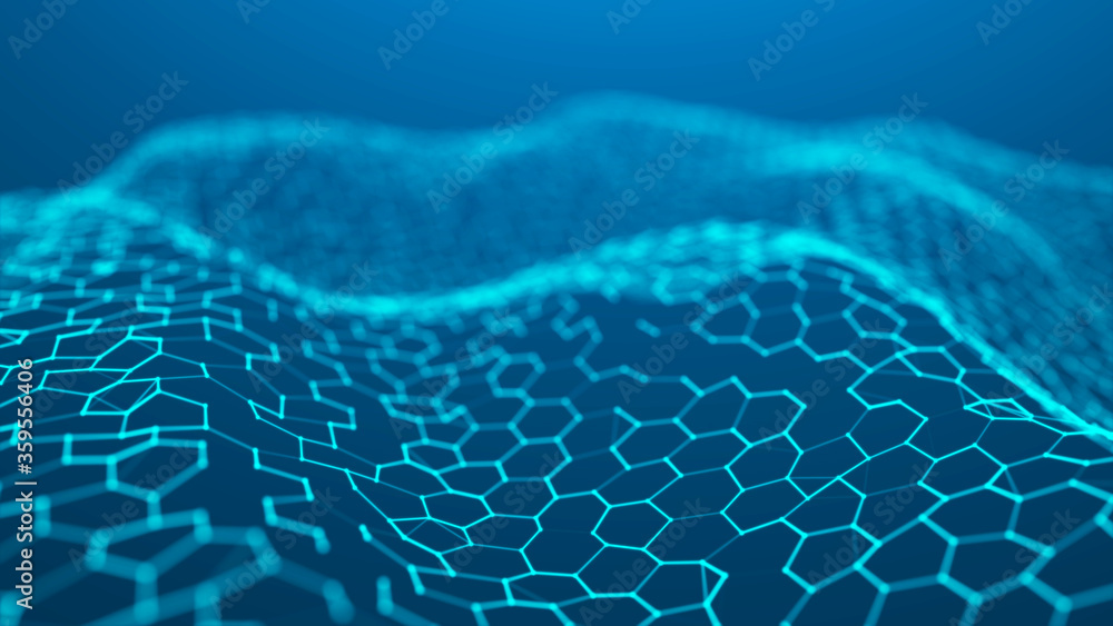Poster futuristic blue hexagon background. futuristic honeycomb concept. wave of particles. 3d rendering.
