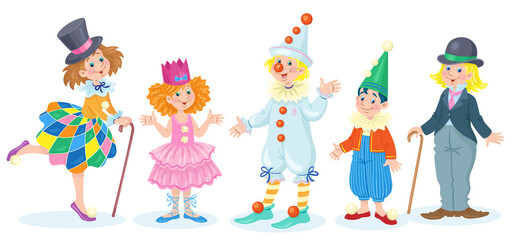 Obraz na płótnie Canvas Five happy children in carnival costumes. In cartoon style. Isolated on white background. Vector flat illustration.