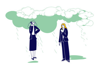 Businesswomen Characters with Smartphone and Coffee Cup Stand under Rain Clouds. Wet Rainy Weather, Depression, Job Problems. Drenched Girls under Cold Water Pour from Sky. Linear Vector Illustration