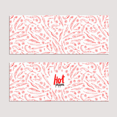 Cards with hand drawn sketch style red chili peppers. Red hot chili pepper label. Vector illustration. 