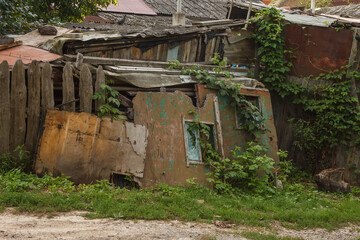 Backyard with building rubbish. Rural courtyard