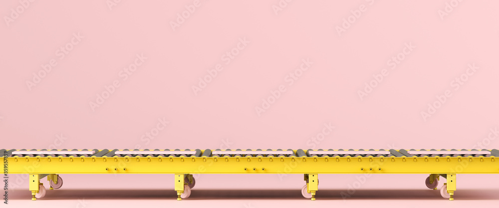Poster creative background for product presentation. yellow roller conveyor on pink background. 3d render i