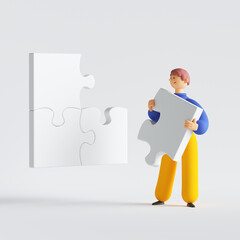 3d render. Man holding puzzle piece, cartoon character thinking, trying resolve the problem. Blank mockup with copy space. Clip art isolated on white background