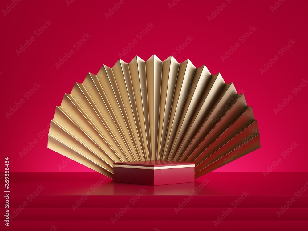 Aufkleber 3d rendering, abstract red gold background with empty square podium, square box and golden folded fa