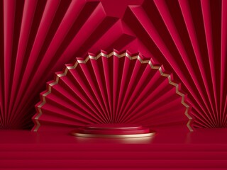3d rendering, abstract red gold background with empty pedestal, fashion podium. Festive paper folded fan decor behind the round stage, blank showcase template for product display