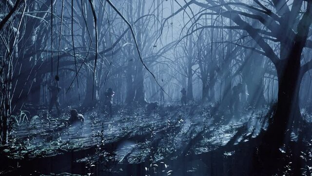 Zombies walk and crawl forward through the misty dark and scary forest. The concept of the zombie-apocalypse. Animation for fantasy, fiction, zombie and apocalypse backgrounds.