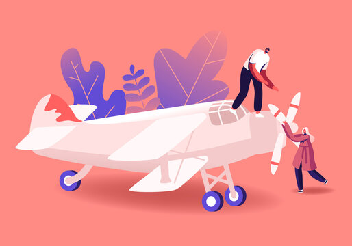 Aircraft Modeling Concept. Tiny Male And Female Characters Assembling Huge Airplane Model, Man And Woman Put Propeller On Plane Fuselage. Creative Hobby Occupation. Cartoon People Vector Illustration