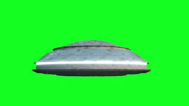 Flying saucer isolate on green screen. UFO. Realistic shaders and motion blur. 4K animation.