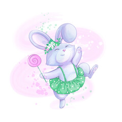 A cute rabbit girl in a green polka dot skirt and a wreath of flowers on her head is jumping happily. Sweet lollipop and watercolor texture background. Vector animal characters for children.