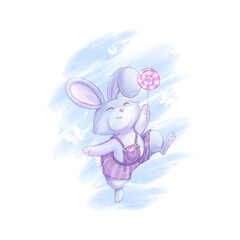 A funny bunny boy in lilac striped trousers jumps with a lollipop, which he holds in his paw. Vector character for children. watercolor texture background.
