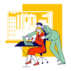 Sexual Assault, Harassment Concept. Male Character Company Boss Put Hand on Woman Shoulder at Workplace. Secretary Girl or Office Woman Victim of Lascivious Exaction. Linear People Vector Illustration