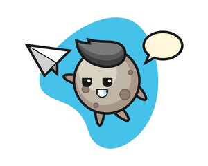 Moon cartoon throwing paper airplane