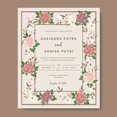 Wedding invitation card template set vintage with beautiful floral leaves Premium Vector
