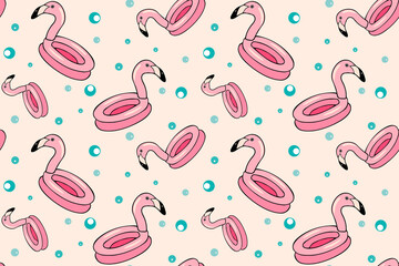Vector seamless pattern with the image of a pink flamingo swimming circle. The illustration is drawn in doodle style. Design for printing cards, posters, fabrics, baby clothes.