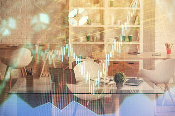 Double exposure of financial graph drawing and office interior background. Concept of stock market.