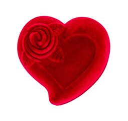 Red heart-shaped velvet candy box for Valentines day gift. Closed box for wedding ring with rose flower image