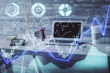 Double exposure of financial graph drawing and office interior background. Concept of stock market.