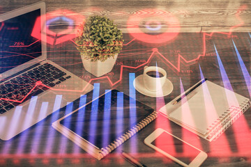Naklejka na ściany i meble Double exposure of financial graph drawing and cell phone background. Concept of forex trading