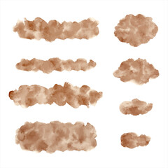 Watercolor vector graphic design elements set. Coffee brown brush strokes, spots, oval smears, uneven stripes, smudges. Watercolour stains text banner, cloud shape, frame template. Painted background