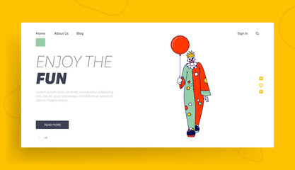 Obraz na płótnie Canvas Scary Clown with Balloon Landing Page Template. Male Animator Wearing Funster Costume in Patches, Wig, Red Nose and Creepy Face. Halloween It Movie Character, Freak, Horror. Linear Vector Illustration