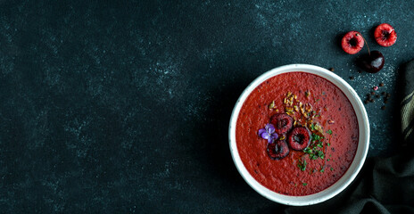 Obraz na płótnie Canvas gaspacho de cereza, cherry and tomato cold spanish creamy soup, summer soup