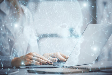 Multi exposure of woman hands working on computer and human brain hologram drawing. Ai tech concept.