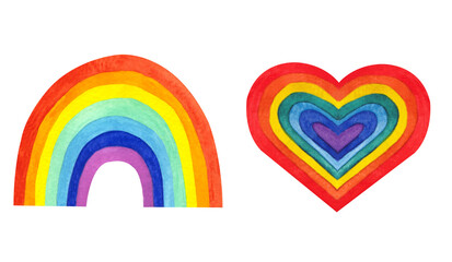 Watercolor rainbow and color heart. Hand drawn colors stroke isolated on whitebac kground