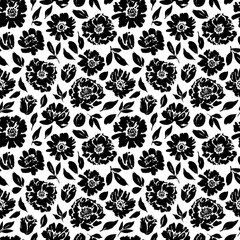 Seamless floral vector pattern with peonies, roses, anemones. Hand drawn black paint illustration with abstract flowers.