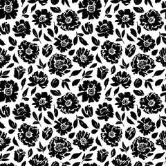 Papier Peint photo autocollant Noir et blanc Modèle vectoriel floral sans couture avec pivoines, roses, anémones. Illustration de peinture noire dessinée à la main avec des fleurs abstraites.