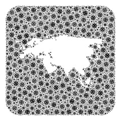 SARS virus map of Europe and Asia mosaic designed with rounded square and carved shape. Vector map of Europe and Asia collage of infection virus particles in variable sizes and gray shades.