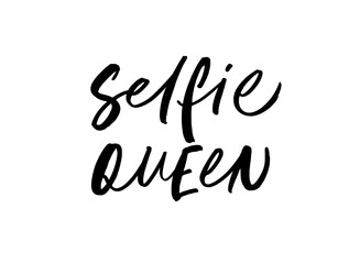 Selfie queen black brush vector calligraphy isolated on white background. Lettering for social media, network.
