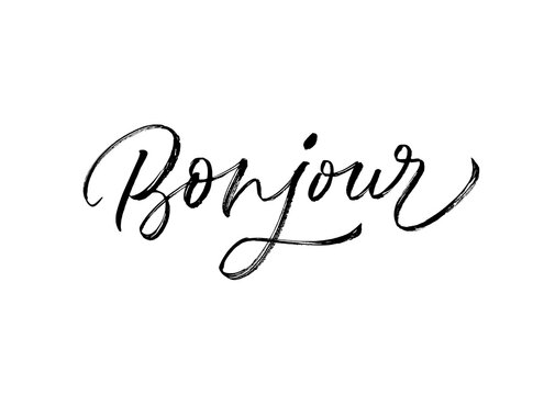 Bonjour black brush vector calligraphy isolated on white background. Hand drawn ink lettering.