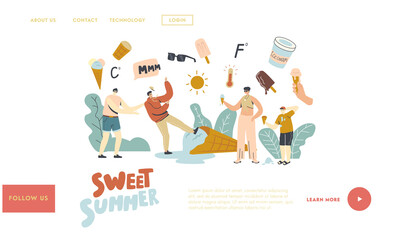 Characters Eating Melted Ice Cream Landing Page Template. Summer Time Food, Sweet Dessert, Cold Meal. Adults or Kids Eat Icecream Popsicle, Waffle Cone, Creme Brulee. Linear People Vector Illustration