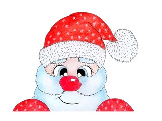New Year Santa Claus smiles in a red hat and red mittens